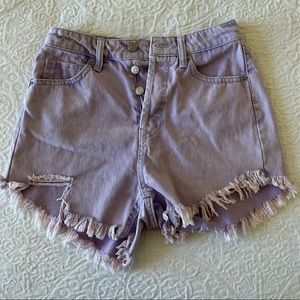 Distressed high waisted purple denim shorts